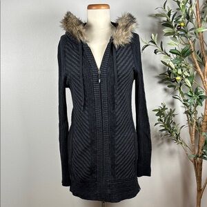 Black Hooded Sweater with Faux Fur Trim